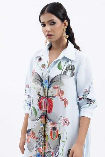 Shop AK-OK Blue Silk Collared Neck Floral Print Maxi Shirt Dress Online at Aza Fashions Shop_AK-OK_Blue Silk Collared Neck Floral Print Maxi Shirt Dress _Online_at_Aza_Fashions