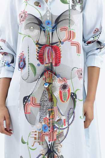 AK-OK Blue Silk Collared Neck Floral Print Maxi Shirt Dress at Aza Fashions AK-OK_Blue Silk Collared Neck Floral Print Maxi Shirt Dress _at_Aza_Fashions