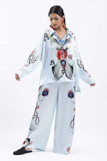 AK-OK Blue Silk Collared Neck Printed Shacket And Trouser Set Online at Aza Fashions AK-OK_Blue Silk Collared Neck Printed Shacket And Trouser Set _Online_at_Aza_Fashions