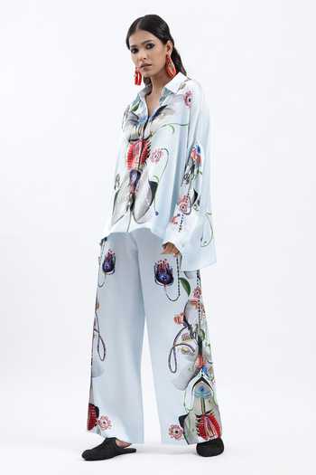 Shop AK-OK Blue Silk Collared Neck Printed Shacket And Trouser Set Online at Aza Fashions Shop_AK-OK_Blue Silk Collared Neck Printed Shacket And Trouser Set _Online_at_Aza_Fashions