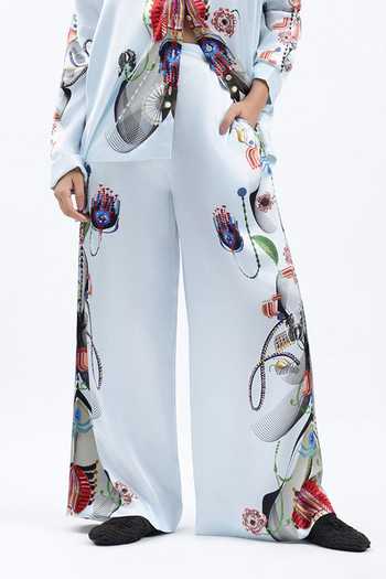 AK-OK Blue Silk Collared Neck Printed Shacket And Trouser Set at Aza Fashions AK-OK_Blue Silk Collared Neck Printed Shacket And Trouser Set _at_Aza_Fashions