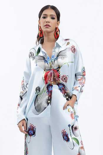 Buy AK-OK Blue Silk Collared Neck Printed Shacket And Trouser Set Buy_AK-OK_Blue Silk Collared Neck Printed Shacket And Trouser Set