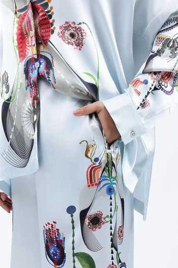 Shop AK-OK Blue Silk Collared Neck Printed Shacket And Trouser Set Shop_AK-OK_Blue Silk Collared Neck Printed Shacket And Trouser Set