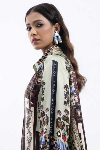 Buy AK-OK Green Silk Collared Neck Geometric Print Shirt Online at Aza Fashions Buy_AK-OK_Green Silk Collared Neck Geometric Print Shirt _Online_at_Aza_Fashions