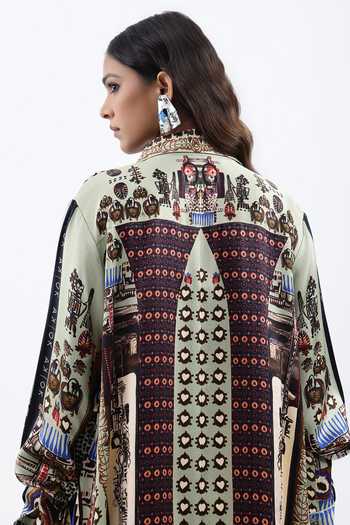 Shop AK-OK Green Silk Collared Neck Geometric Print Shirt Online at Aza Fashions Shop_AK-OK_Green Silk Collared Neck Geometric Print Shirt _Online_at_Aza_Fashions