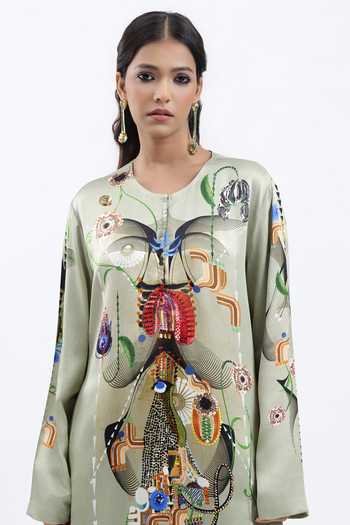 AK-OK Green Silk Round Neck Printed Kurta And Trouser Set at Aza Fashions AK-OK_Green Silk Round Neck Printed Kurta And Trouser Set _at_Aza_Fashions
