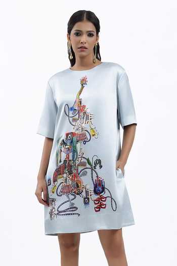 AK-OK Green Silk Round Neck Printed Short Dress Online at Aza Fashions AK-OK_Green Silk Round Neck Printed Short Dress _Online_at_Aza_Fashions