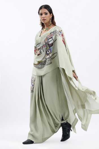 AK-OK Green Silk Shawl Neck, Printed Cape Lungi Skirt Set Online at Aza Fashions AK-OK_Green Silk Shawl Neck, Printed Cape Lungi Skirt Set _Online_at_Aza_Fashions