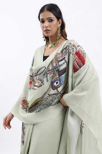 Shop AK-OK Green Silk Shawl Neck, Printed Cape Lungi Skirt Set Online at Aza Fashions Shop_AK-OK_Green Silk Shawl Neck, Printed Cape Lungi Skirt Set _Online_at_Aza_Fashions