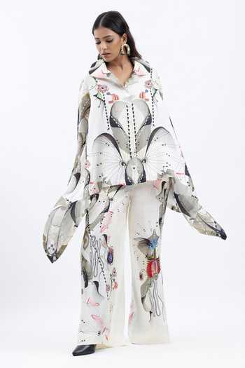 AK-OK Off White Silk Collared Neck Printed Asymmetric Shirt With Trouser Online at Aza Fashions AK-OK_Off White Silk Collared Neck Printed Asymmetric Shirt With Trouser _Online_at_Aza_Fashions