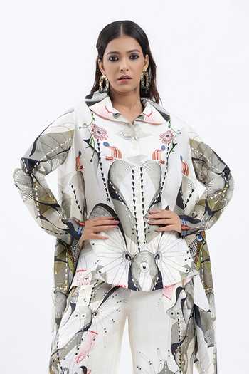 Buy AK-OK Off White Silk Collared Neck Printed Asymmetric Shirt With Trouser Online at Aza Fashions Buy_AK-OK_Off White Silk Collared Neck Printed Asymmetric Shirt With Trouser _Online_at_Aza_Fashions
