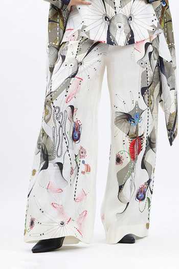 Shop AK-OK Off White Silk Collared Neck Printed Asymmetric Shirt With Trouser Online at Aza Fashions Shop_AK-OK_Off White Silk Collared Neck Printed Asymmetric Shirt With Trouser _Online_at_Aza_Fashions
