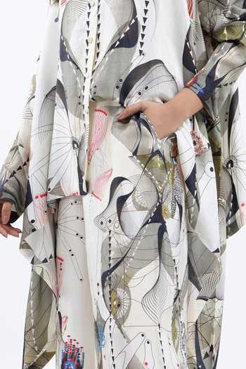 Buy AK-OK Off White Silk Collared Neck Printed Asymmetric Shirt With Trouser Buy_AK-OK_Off White Silk Collared Neck Printed Asymmetric Shirt With Trouser