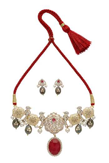 Xago_Pink Ruby Cccent Polki Choker Necklace Set _Online_at_Aza_Fashions