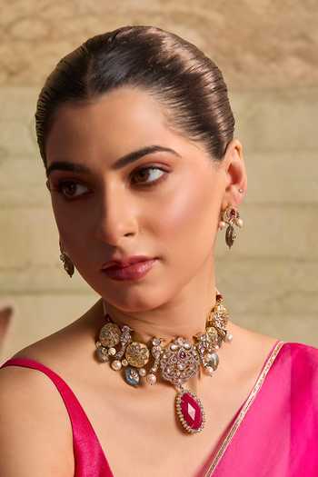 Shop Xago Pink Ruby Cccent Polki Choker Necklace Set Online at Aza Fashions Shop_Xago_Pink Ruby Cccent Polki Choker Necklace Set _Online_at_Aza_Fashions