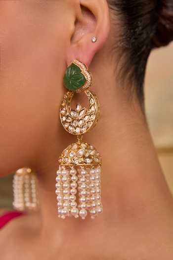 Xago Green Pearl Tasselled Chandbali Jhumkas Online at Aza Fashions Xago_Green Pearl Tasselled Chandbali Jhumkas _Online_at_Aza_Fashions