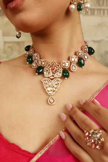 Xago_Green Polki Emerald Peacock Motif Necklace Set _Online_at_Aza_Fashions