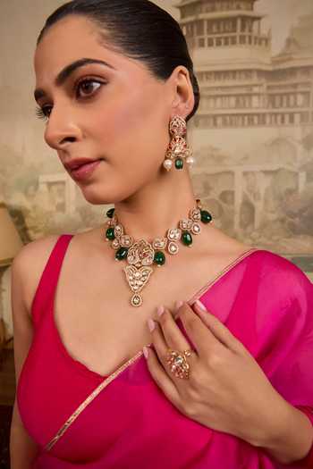 Xago Polki Emerald Peacock Motif Necklace Set 