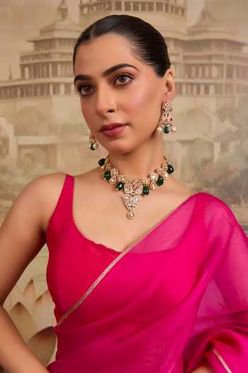 Buy_Xago_Green Polki Emerald Peacock Motif Necklace Set _Online_at_Aza_Fashions