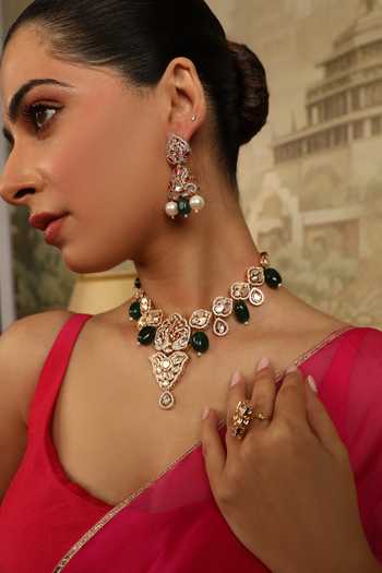 Xago_Green Polki Emerald Peacock Motif Necklace _Online_at_Aza_Fashions