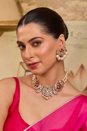 Xago Floral Medallion Double Strand Pearl Collar Necklace 