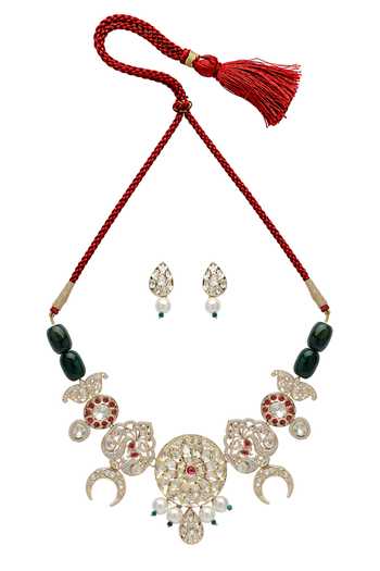 Xago_Green Polki And Emerald Bead Studded Necklace Set _Online_at_Aza_Fashions