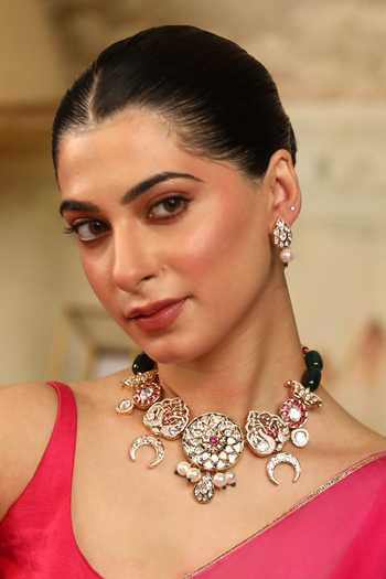 Buy_Xago_Green Polki And Emerald Bead Studded Necklace Set _Online_at_Aza_Fashions