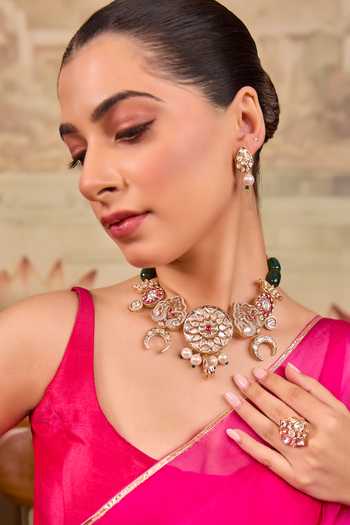 Shop Xago Green Polki And Emerald Bead Studded Necklace Set Online at Aza Fashions Shop_Xago_Green Polki And Emerald Bead Studded Necklace Set _Online_at_Aza_Fashions