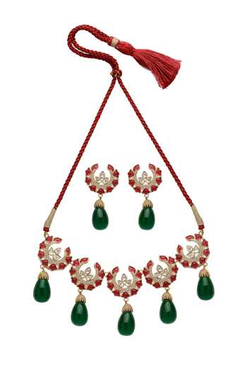 Xago_Pink Teardrop Accents Ruby And Emerald Choker Set _Online_at_Aza_Fashions
