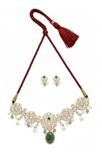 Xago_Green Pearl Kundan Embellished Choker Necklace Set _Online_at_Aza_Fashions