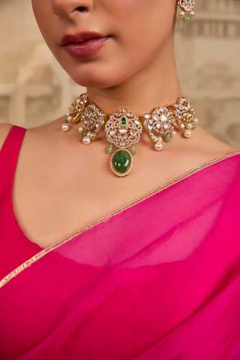 Buy Xago Green Pearl Kundan Embellished Choker Necklace Set Online at Aza Fashions Buy_Xago_Green Pearl Kundan Embellished Choker Necklace Set _Online_at_Aza_Fashions
