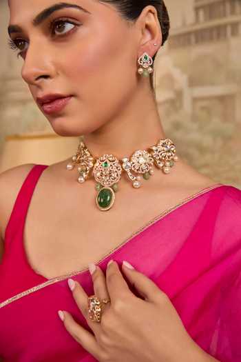 Shop Xago Green Pearl Kundan Embellished Choker Necklace Set Online at Aza Fashions Shop_Xago_Green Pearl Kundan Embellished Choker Necklace Set _Online_at_Aza_Fashions