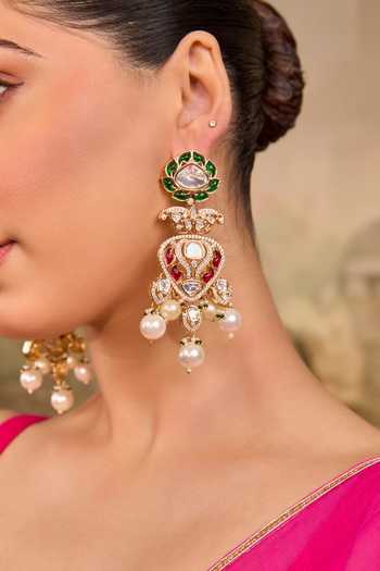 Xago Green Meenakari And Pearl Tiered Earrings Online at Aza Fashions Xago_Green Meenakari And Pearl Tiered Earrings _Online_at_Aza_Fashions