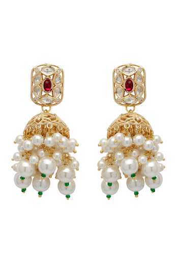 Xago_Pink Ruby Accent And Pearl Droplet Jhumkas _Online_at_Aza_Fashions