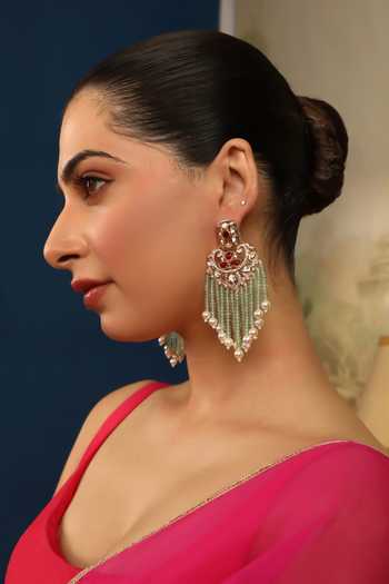 Xago_White Polki And Mint Beads Cascading Earrings _Online_at_Aza_Fashions