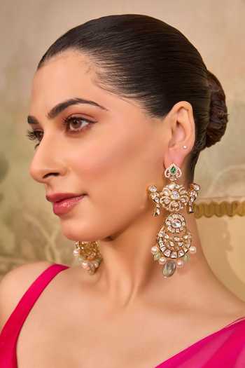 Xago Green Polki And Pearl Tiered Statement Earrings Online at Aza Fashions Xago_Green Polki And Pearl Tiered Statement Earrings _Online_at_Aza_Fashions