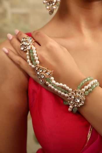 Xago_Green Kundan Polki And Pearl Hathphool _Online_at_Aza_Fashions