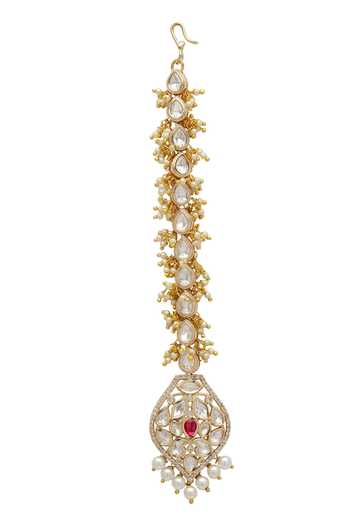 Xago_Pink Kundan And Pearl Studded Maangtikka _Online_at_Aza_Fashions