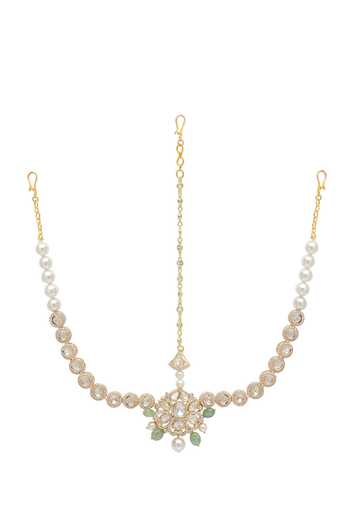 Xago_Green Pearls, Stones Kundan And Studded Mathapatti _Online_at_Aza_Fashions