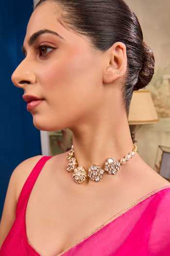 Shop Xago White Crystal Flower Motif Pearl Strand Choker Online at Aza Fashions Shop_Xago_White Crystal Flower Motif Pearl Strand Choker _Online_at_Aza_Fashions