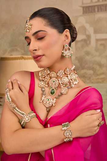 Xago_White Polki And Green Beaded Necklace Set _Online_at_Aza_Fashions