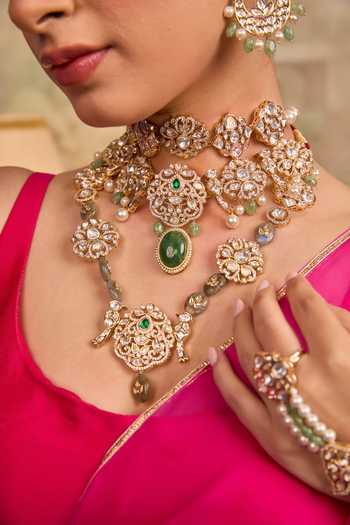 Buy_Xago_White Polki And Green Beaded Necklace Set _Online_at_Aza_Fashions