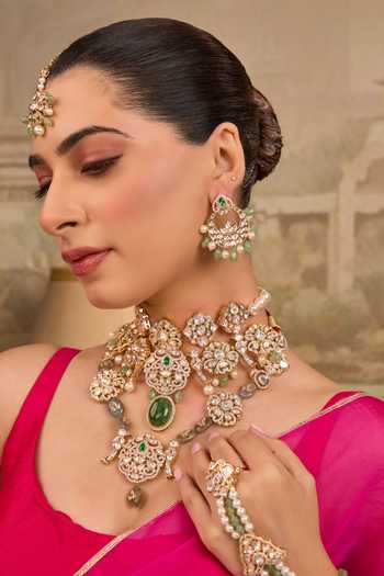 Shop_Xago_White Polki And Green Beaded Necklace Set _Online_at_Aza_Fashions