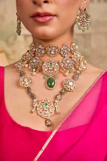 Xago_White Polki And Green Beaded Necklace Set _at_Aza_Fashions