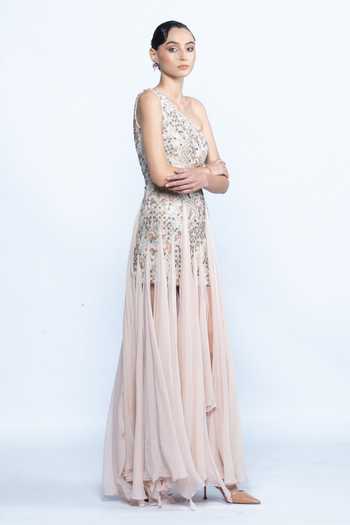 Aangan By Parul_Pink Satin, Chiffon One Shoulder Whisper Bloom Dress _Online_at_Aza_Fashions