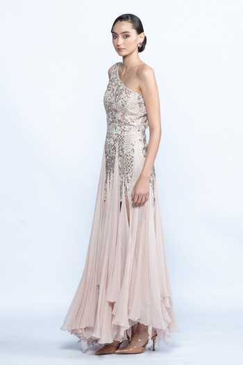 Buy_Aangan By Parul_Pink Satin, Chiffon One Shoulder Whisper Bloom Dress _Online_at_Aza_Fashions