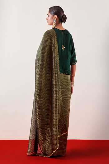 Shop_Anantaa By Roohi_Green Viscose, Velvet Round Neck Deep Embroidered Blouse _Online_at_Aza_Fashions