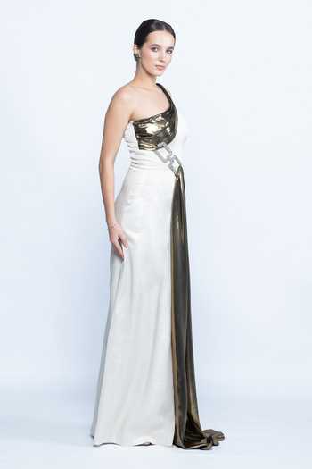 Aangan By Parul_White Satin, Lurex Zari, Crystals One Shoulder Opaline Gown _Online_at_Aza_Fashions