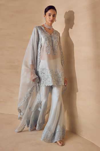 Buy Pankaj & Nidhi Sky Blue Silk Organza V-neck Silver Leaf Cutwork Kurta And Sharara Set Buy_Pankaj & Nidhi_Sky Blue Silk Organza V-neck Silver Leaf Cutwork Kurta And Sharara Set