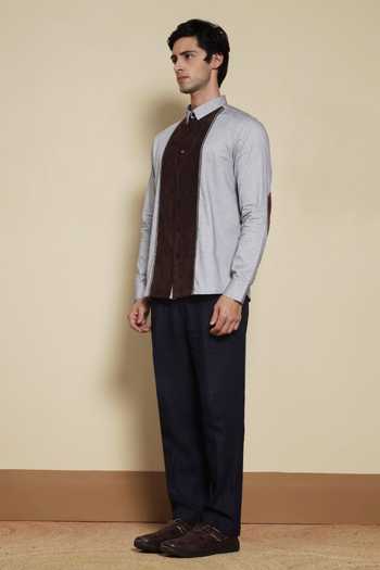 Lacquer Embassy Brown Cotton, Faux Leather The Quiet Table Panelled Shirt at Aza Fashions Lacquer Embassy_Brown Cotton, Faux Leather The Quiet Table Panelled Shirt _at_Aza_Fashions